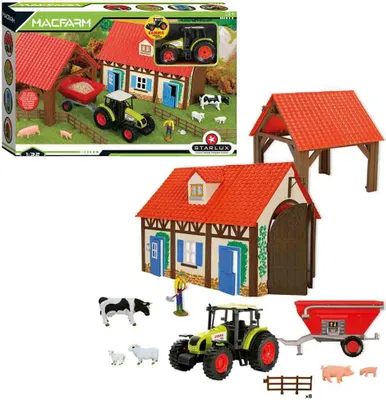 A toy farm set with a barn, tractor, trailer, and farm animals.