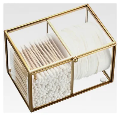 Produktbild von Wattestäbchenbehälter und Wattepadspender aus Glas für Schminktisch und Badezimmer, Organizer mit 2 Fächern, Glasbehälter mit Deckel für Kosmetik und Schmuck (Gold)