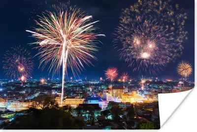 Produktbild von MuchoWow® Poster Feuerwerk über den Häusern 90x60 cm - Schlafzimmer