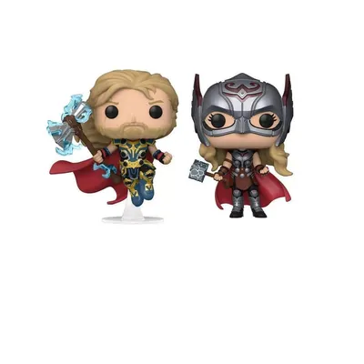 Two Funko Pop! vinyl figures of Thor and Mighty Thor from Marvel Studios' Thor: Love and Thunder.