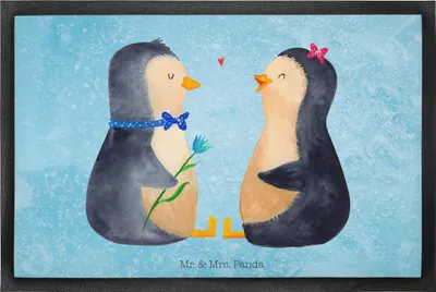 Produktbild von Mr. & Mrs. Panda Fussmatte Pinguin Pärchen 60 x 90 cm - Eisblau - Geschenk, Schmutzmatte, Schmutzfangteppich, Liebespaar, fußmatte, Schmutzfangmatte, Liebe, Pinguine