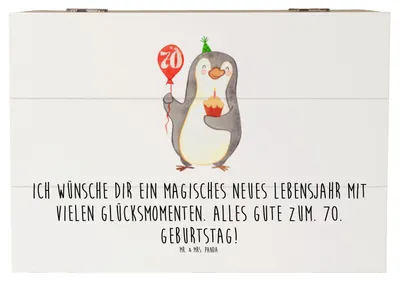 Produktbild von Mr. & Mrs. Panda Geschenkbox 70. Geburtstag Pinguin Luftballon 22 x 15 cm - Weiß - Geschenk, Kiste mit Deckel, Holzbox, Geburtstagsgeschenk, schmuckbox, Geburtstage
