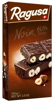 Produktbild von Camille Bloch Ragusa Noir, dunkle Schokolade, 100 g, 1 Stück(e), Zucker, HASELNÜSSE (davon 11% ganze), Kakaomasse, Kokosfett, VOLLMILCHPULVER, Kakaopulver,..., Mandel, Schweiz