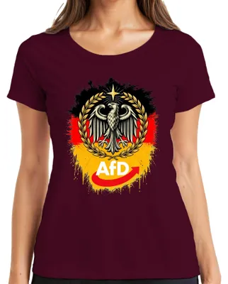Zdjęcie produktu dla Koszulka damska z nadrukiem "AfD Deutschland Patriot Bundesadler Schwarz", kolor burgundowy, rozmiar XL. (Można dodać: "Z ironicznym/sarkastycznym przekazem.")