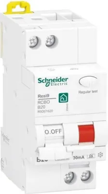 Zdjęcie produktu dla Schneider Electric Resi9 wyłącznik różnicowoprądowy, 2 bieguny, 20A, B, 30mA, 6kA (R9D01620)