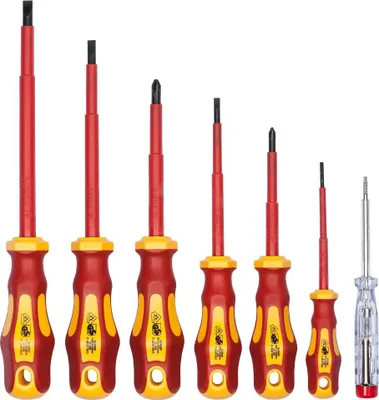 A set of screwdrivers and a voltage tester are displayed against a white background.