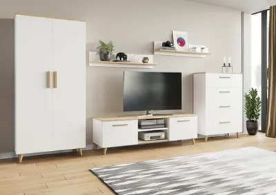 Produktbild von Wohnwand Nord 2 Per La Vita, Modern Schrankwand, Wohnzimmerschrank mit Fernsehtisch, Sideboard und Wandregal, Kleiderschrank Artisan Weiß