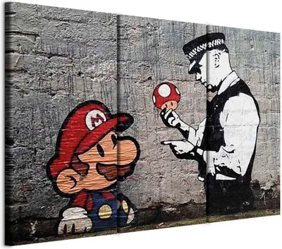 Immagine prodotto di Quadro in tessuto non tessuto - Super Mario Mushroom Cop di Banksy 120x80 cm Streetart h-B-0080-b-e