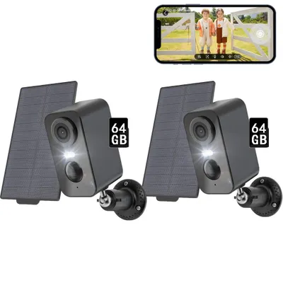 Image de 2 pièces caméra de surveillance extérieure batterie solaire caméra WLAN surveillance extérieure caméra sans fil 64GB carte mémoire
