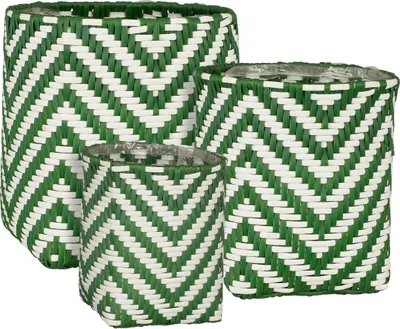 Produktbild von Mica Decorations Merlijn Pflanzenkorb Garten – 3er Set – H26 x Ø24 cm – Recycelter Kunststoff – Dunkelgrün, Weiß