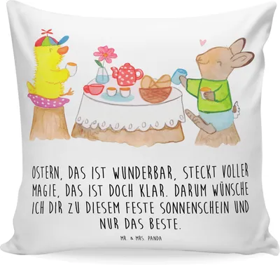 Produktbild von Mr. & Mrs. Panda Sofakissen Ostern Frühstück - Weiß - Geschenk, zierkissen 40x40, Kissen, Ostergrüße, Ostereier, Frühling, Polster, Osterhase, kuschelkissen