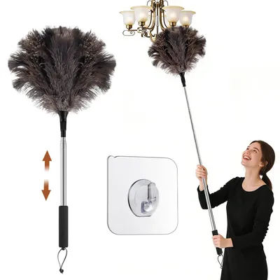 Produktbild von Straußenfeder Staubwedel Staubfeger Federstaubwedel - Teleskop - 116 cm - Waschbar - Antistatisch - Schwarz