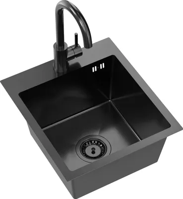 Produktbild von VBChome Edelstahlspüle mit Armatur 40 x 45 cm Schwarz Edelstahl Einbauspüle mit Hahnloch Edelstahl Küchenspüle Spüle Groß Becken Ablaufgarnitur Siphon Edelstahlspüle Schwarz mit Armatur