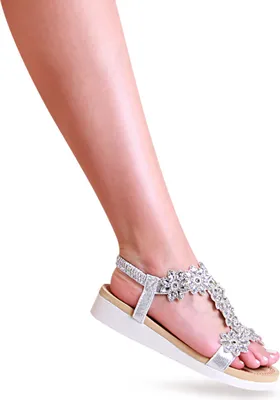 Produktbild von topschuhe24 2394 Damen Keil Sandalen Glitzer Sandaletten Blume, Farbe:Silber, Größe:36 EU
