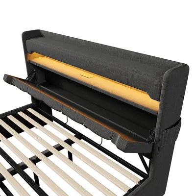 Produktbild von Flieks Polsterbett 180x200cm mit USB & Type-C, Hydraulisches Stauraumbett Boxspringbett mit LED, Doppelbett Holzbett mit Stauraumkopfteil, Leinen Grau