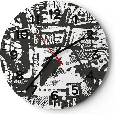 Produktbild von Wanduhr - Rund - Glasuhr - Schwarzweiß Figuren Abstraktion - 40x40cm - Schleichendes Uhrwerk - Lautlos - zum Aufhängen bereit - Dekoration Modern - Wanddekoration aus Glas - C4AR40x40-5125