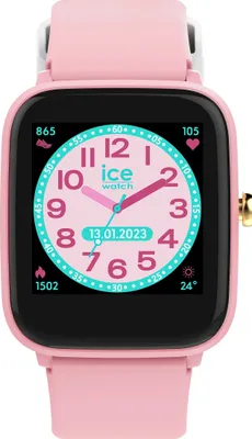A pink Ice Watch ICE smart junior smartwatch with a digital display showing the time, date, and other metrics.
