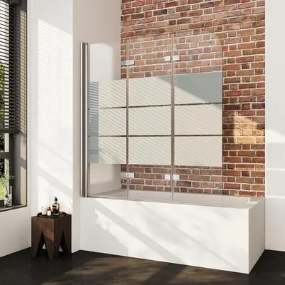 Produktbild von Duschwand für Badewanne 120x140cm Gestreift Duschabtrennung, 3-teilig Faltbar Gestreift Badewannenaufsatz, Duschtrennwand mit 6mm ESG Sicherheitsglas, Badewannenfaltwand in Chrom Alu