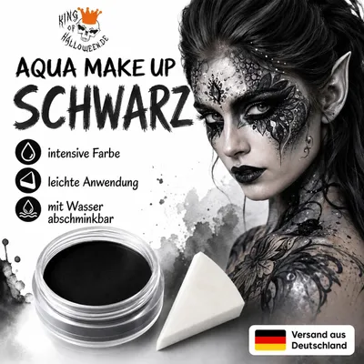 Produktbild von Premium Aquaschminke Schwarz 14 g mit passendem Schminkschwamm – wasseraktivierbare Gesichtsfarbe mit hoher Deckkraft für Halloween Make-up, Karneval, Fasching, Cosplay, Theater, Bühne, Gothic Look, Totenkopf, Skelett, Zombie, Hexe, Vampir, Teufel, Horror