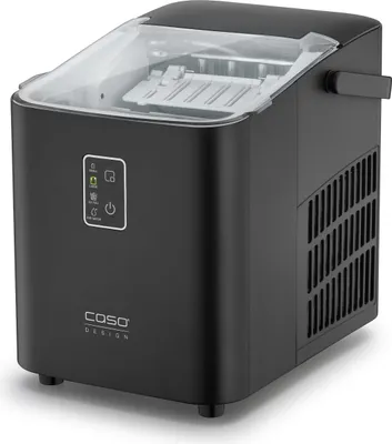 A black ice maker is shown against a white background.
