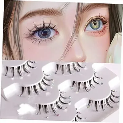 Produktbild von 5 Paar künstliche Wimpern mit natürlichem Aussehen, Strasssteinen und Glitzereffekt für Frauen, Verkleidungen, Partys und Bühnenauftritte, einschließlich transparentem Klebeband