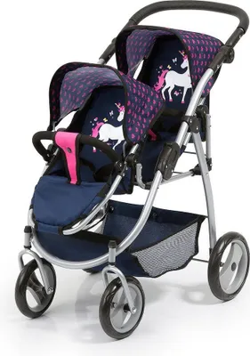 Produktbild von Bayer Design 26554AA Zwillingspuppenwagen, mit integriertem Korb, schwenkbare Vorderräder, blau, rosa, Einhorn