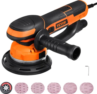 A VEVOR orbital sander with several sanding discs and a hex wrench are displayed against a white background.