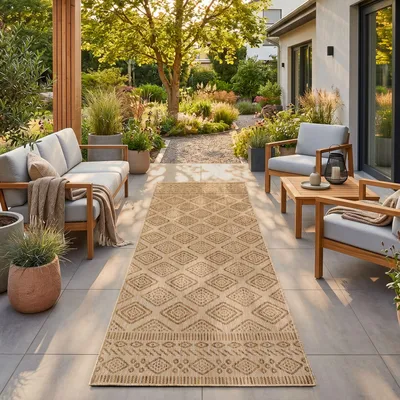Obrázok produktu pre Homebyhome Vonkajší koberec, béžová farba, vzhľad juty, 80x250 cm, vhodný na balkón, terasu alebo záhradu, odolný voči poveternostným vplyvom a UV žiareniu, geometrický vzor, plochá tkanina