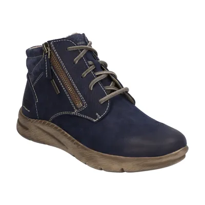 A single blue leather boot is shown against a white background.