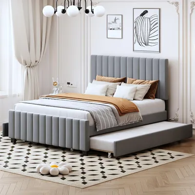Produktbild von Flieks Polsterbett 140x190cm mit Ausziehbett, Doppelbett Jugendbett Klassisches Bett mit Schubladen, Holzbett Kinderett, Samt, Grau
