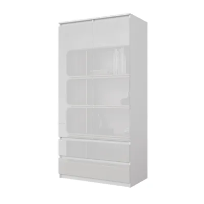 Produktbild von Kleiderschrank Weiß Matt / Weiß Hochglanz – 2-türiger Schlafzimmerschrank mit 2 Schubladen, Garderobenschrank B90 x H180 x T50 cm