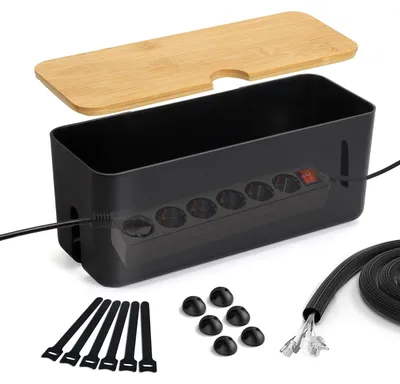 Immagine prodotto di Scatola portacavi organizzatore di cavi - ABS - Con coperchio in bambù - Nero - Grande