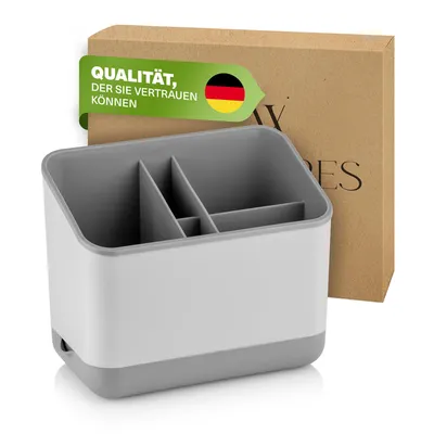 Zdjęcie produktu dla Viwares koszyk na sztućce na widelce, noże i łyżki, ociekacz na sztućce, stojak na sztućce, ociekacz na sztućce, uchwyt na sztućce do zlewu, 5 przegródek z ociekaczem (szary)
