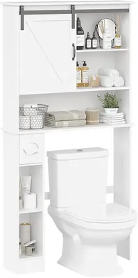 Immagine prodotto di Mobiletto per WC con ripiano superiore - Scaffale da bagno sopra il WC - Porta scorrevole in stile rustico - Porta carta igienica - Ripiano interno in legno regolabile - Bianco