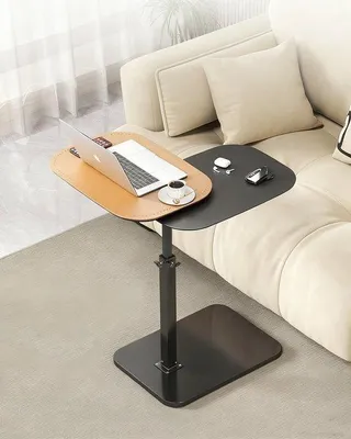 Imagen del producto de Mesa auxiliar moderna Unyqoos® ajustable en altura de 55 a 85 cm | Tablero giratorio de 360°, hierro y madera – ideal para sofá, cama o salón