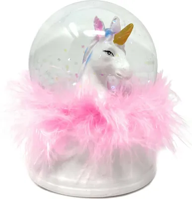 Produktbild von Schneekugel Einhorn Kopf mit Glitzer - Schüttelkugel aus Glas | Dekofigur Unicorn mit LED Licht, Glitter & Federn in Pink | Deko Pferd Kugel Snowglobe Höhe 9 cm