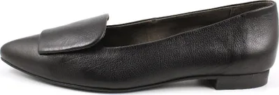 A side view of a black leather ballerina shoe.