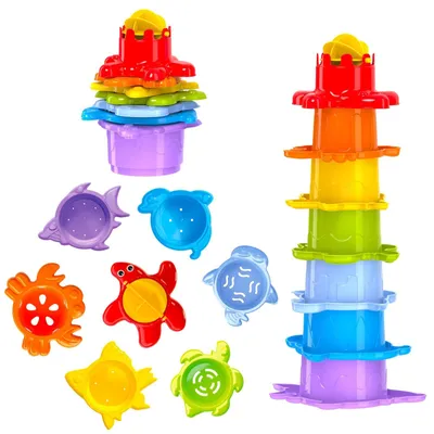 Produktbild von Badspielzeug Baby Stapelturm Pyramide - 29 cm - Set mit 7 Tieren - Verschiedene Farben, Formen und Texturen