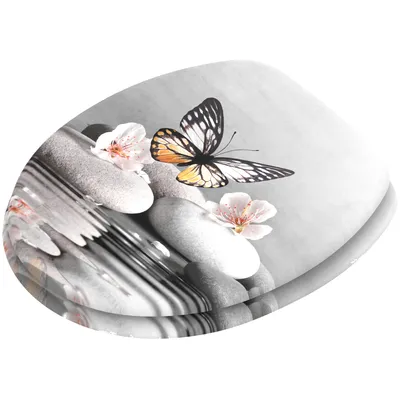 A toilet seat with a decorative print of stones, flowers, and a butterfly.