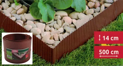 A roll of brown garden edging is shown next to a garden bed with rocks and plants, with dimensions indicated.