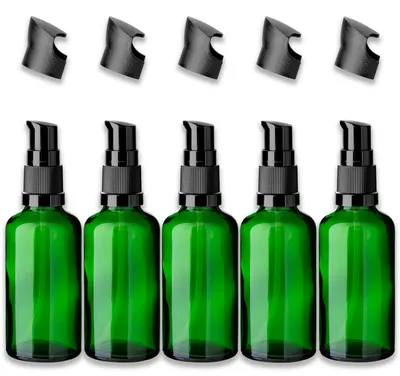 Produktbild von 5x Grüne Glasflasche 50 ml mit schwarzer Pumpe leer zum Befüllen 18 mm