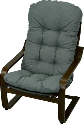 A gray upholstered armchair with a wooden frame, shown against a white background.
