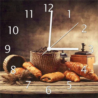Produktbild von Wallario Design Wanduhr Französisches Frühstück mit Café und Croissants aus Echtglas, Größe 30 x 30 cm