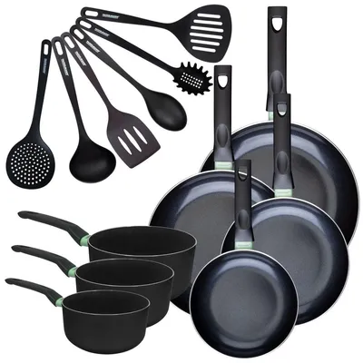 Image de Set de 4 poêles 20 24 28 et 30 cm et 3 casseroles 16, 18 et 20 cm antiadhésives céramique et 6 ustensiles Fackelmann Brandao