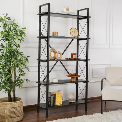Image de Bibliothèque Étagère en bois MDF mélaminé et métal noir 90 x 34 x 180 cm Industriel
