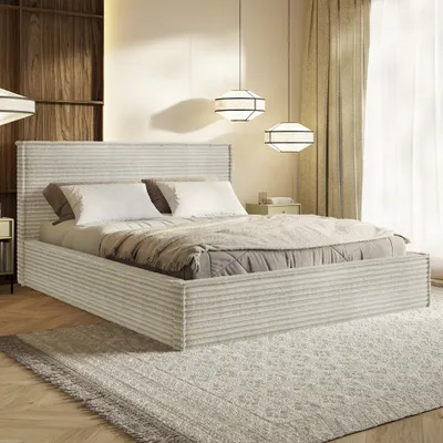 Produktbild von MOTIVENA Boho Polsterbett 180x200 mit Bettkasten, Holz Latttenrost, Bett 180x200 Beige Cord (Tilia 03)