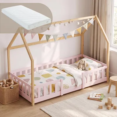 Image de Lit pour bébé "Sisimiut" de style Montessori, design sobre, avec matelas et barrière de sécurité, en bois de pin, dimensions 90 x 200 cm, couleur rose/naturel