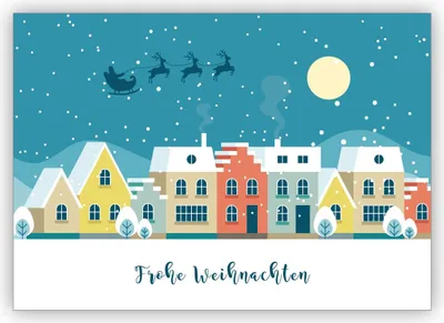 Produktbild von 4x Süße Weihnachtskarte mit Santa Schlitten über der Stadt: Frohe Weihnachten