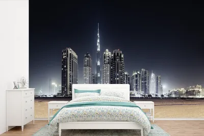 Produktbild von MuchoWow® Fototapete für Wohnzimmer oder Schlafzimmer Wandtapete Vinyl Motivtapete Der Burj Khalifa erhellt den Himmel über Dubai mit anderen Wolkenkratzern - 390x260 cm - Papiertapete
