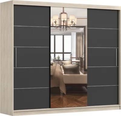 Produktbild von Kleiderschrank mit Spiegel Schwebetürenschrank mit 3-türig,  Wohnzimmerschrank,  3-türig Schrank mit vielen Einlegeböden und Kleiderstange Gaderobe Schiebtüren Schlafzimmer - 250x218x61 cm - ELBA I Sonoma + Schwarz
